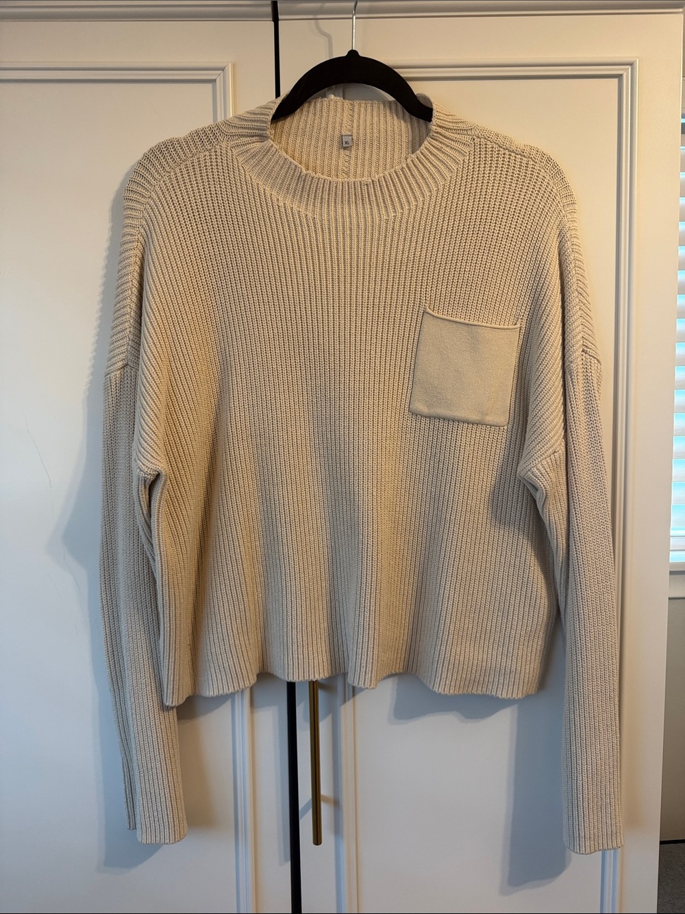 Amazon Women’s Cream Ribbed Crewneck Sweater with Chest Pocket